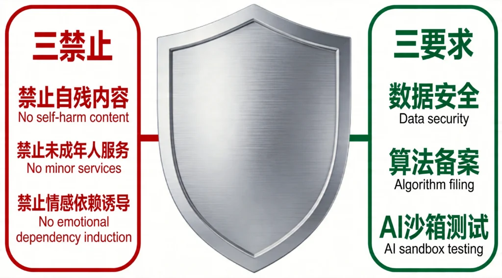 展示新规三禁止与三要求的红绿双色合规框架图