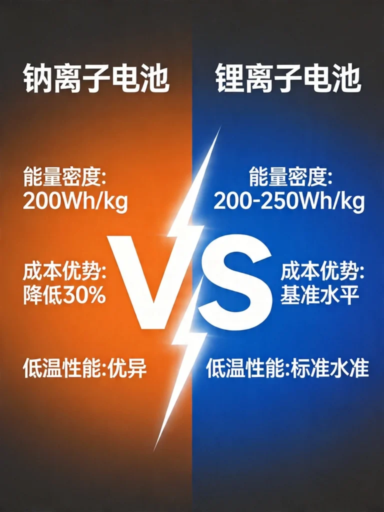 钠离子电池与锂离子电池在能量密度、成本与低温性能的对比图表