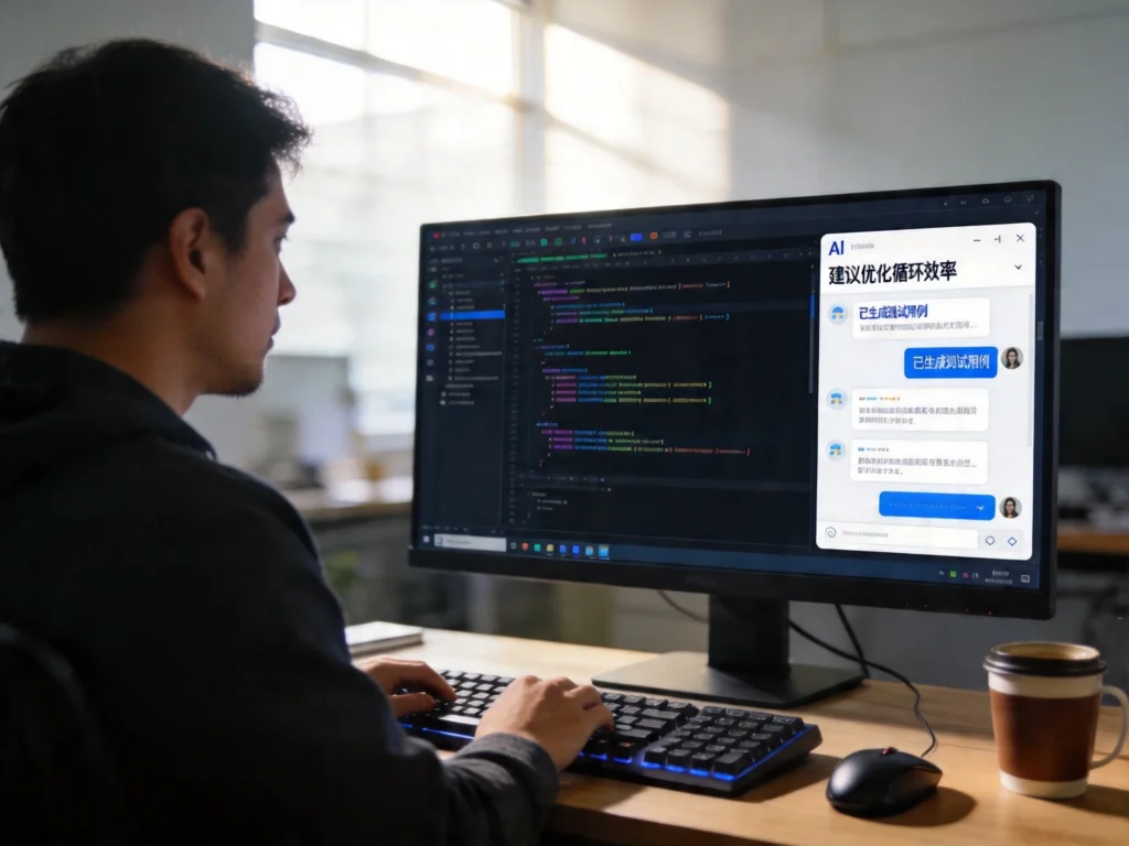  Qwen3.6编程助手配图 - 程序员使用AI编程助手的代码编辑器工作场景
