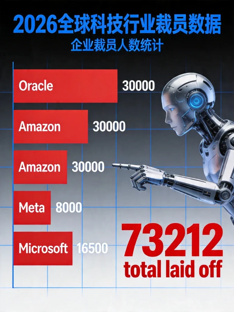 2026年全球科技裁员统计，甲骨文3万、亚马逊3万、微软最多2.2万