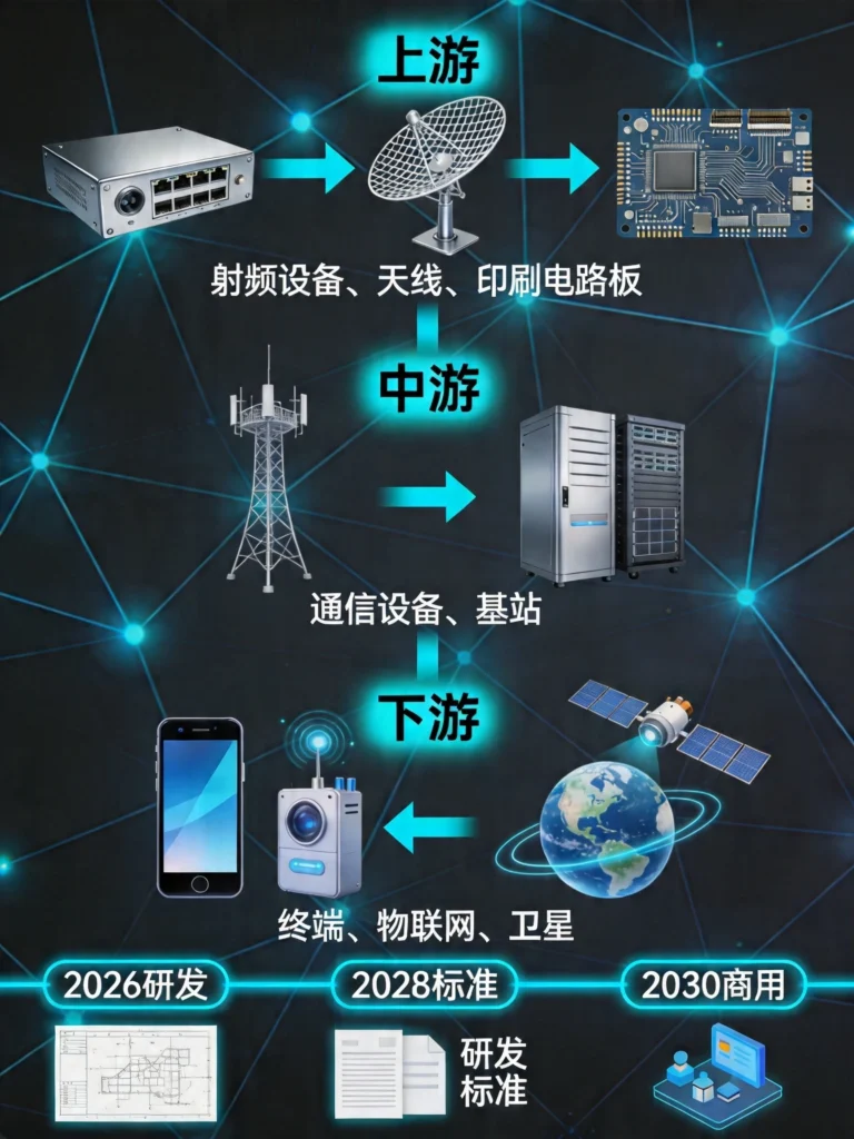 6G产业链全景图，上中下游三层结构，时间线从2026研发到2030商用