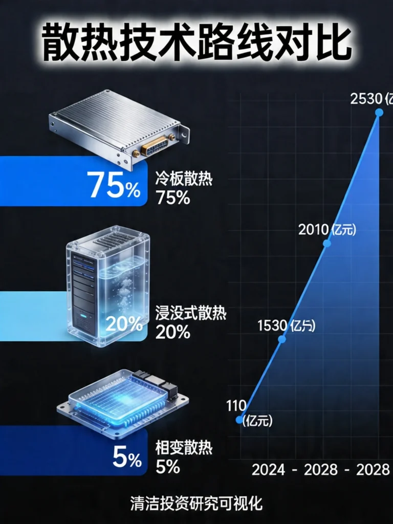 液冷技术路线对比图，冷板式75%、浸没式20%、相变冷却5%，市场规模增长曲线