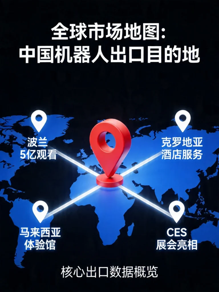 中国机器人出海市场地图，标注波兰、克罗地亚、马来西亚、美国等目的地及成果
