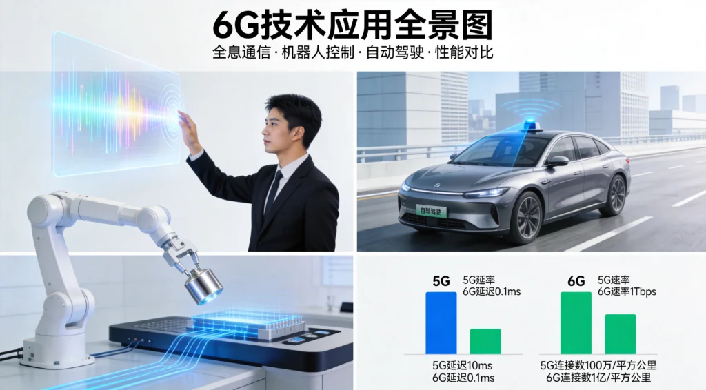 6G技术应用场景扁平示意图，全息通信、机器人控制、自动驾驶与5G性能对比界面