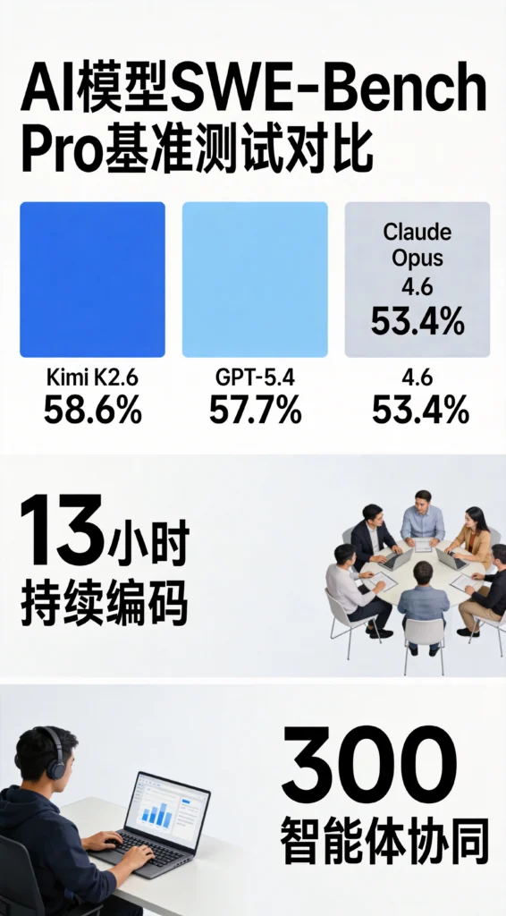 SWE-Bench Pro基准测试对比扁平柱状图，Kimi K2.6得分58.6%超越GPT-5.4与Claude Opus