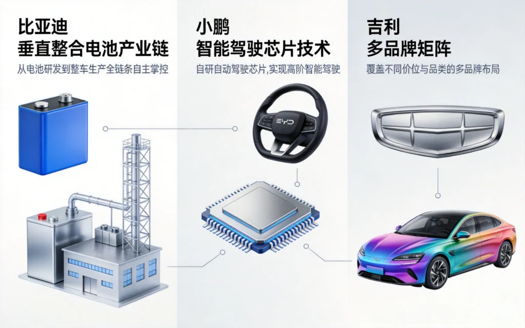 中国车企三条技术路线对比扁平流程图，比亚迪垂直整合、小鹏智能驾驶、吉利多品牌矩阵