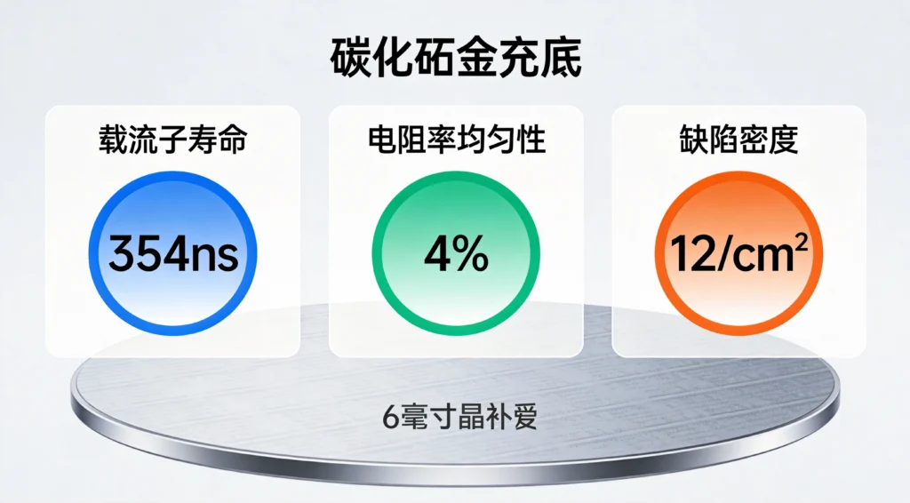 碳化硅衬底技术性能指标扁平仪表盘，载流子寿命354ns、电阻率均匀性4%、缺陷密度数据卡片