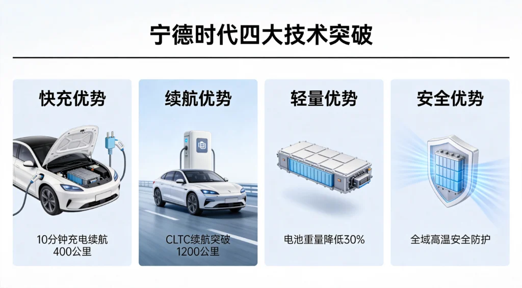 宁德时代四大技术突破信息图，展示6分钟超充、1500公里续航、650公斤轻量化电池包、凝聚态电池安全四大核心优势