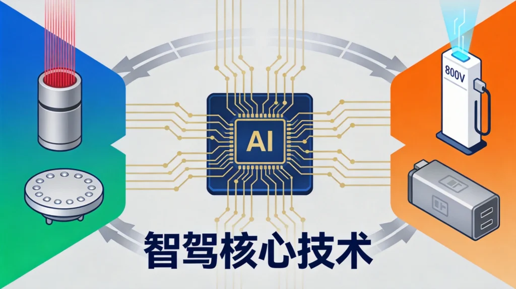 智能驾驶核心技术架构图——浅灰背景中，中央深蓝色AI芯片为核心枢纽，金色电路线条向左连接激光雷达和毫米波雷达感知设备，向右连接800V快充桩和固态电池能源系统，底部标注"智驾核心技术"，形成感知-决策-能源的技术闭环