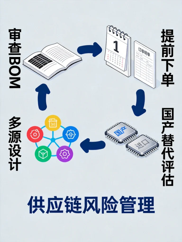 嵌入式工程师应对策略流程图——浅灰蓝背景中，四个步骤形成闭环：左上"审查BOM"配手册图标，右上"提前下单"配台历和订单图标，右下"国产替代评估"配国产与进口芯片对比图，左下"多源设计"配多供应商网络图标，蓝色箭头串联各环节，底部标注"供应链风险管理"