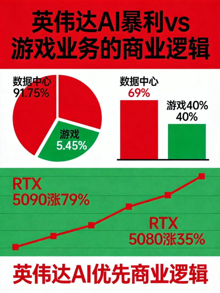 数据中心营收占91.75%利润率69%，游戏仅5.45%利润40%，RTX 5090暴涨79%玩家被抛弃