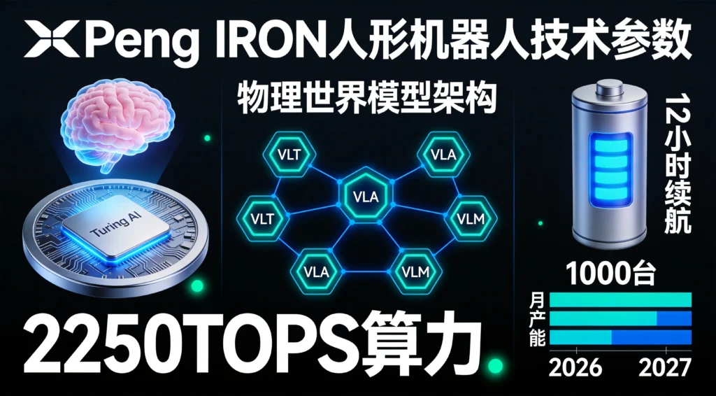 小鹏IRON机器人技术规格解析，图灵AI芯片2250TOPS算力与物理世界模型架构，2027年月产千台目标可视化