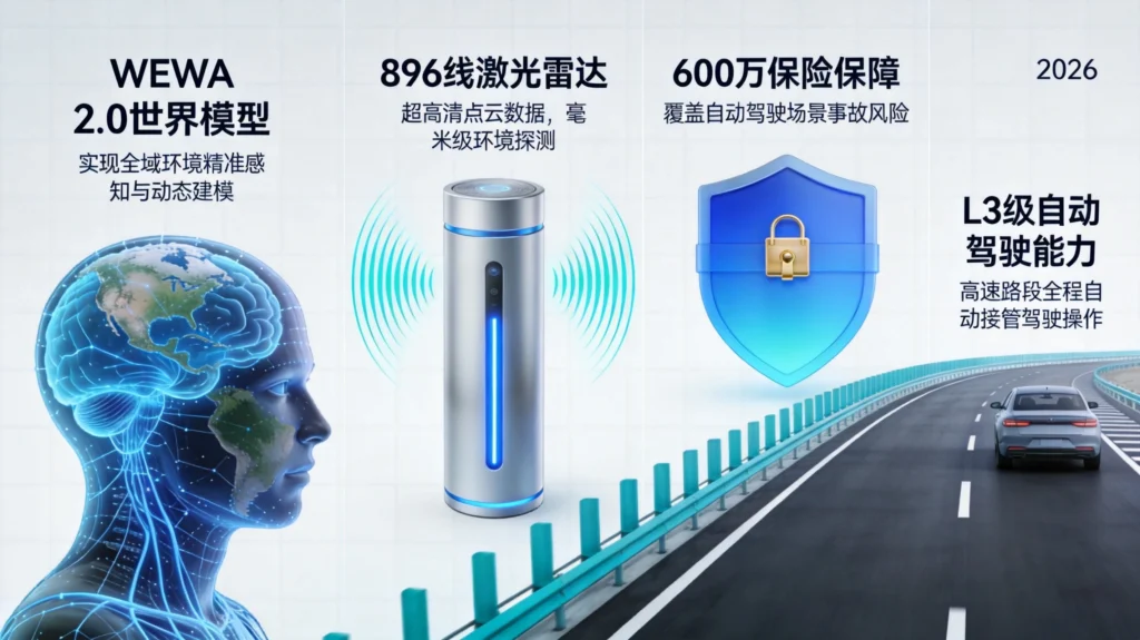 华为ADS 5.0核心技术亮点：WEWA 2.0世界模型、896线激光雷达与600万保险兜底。