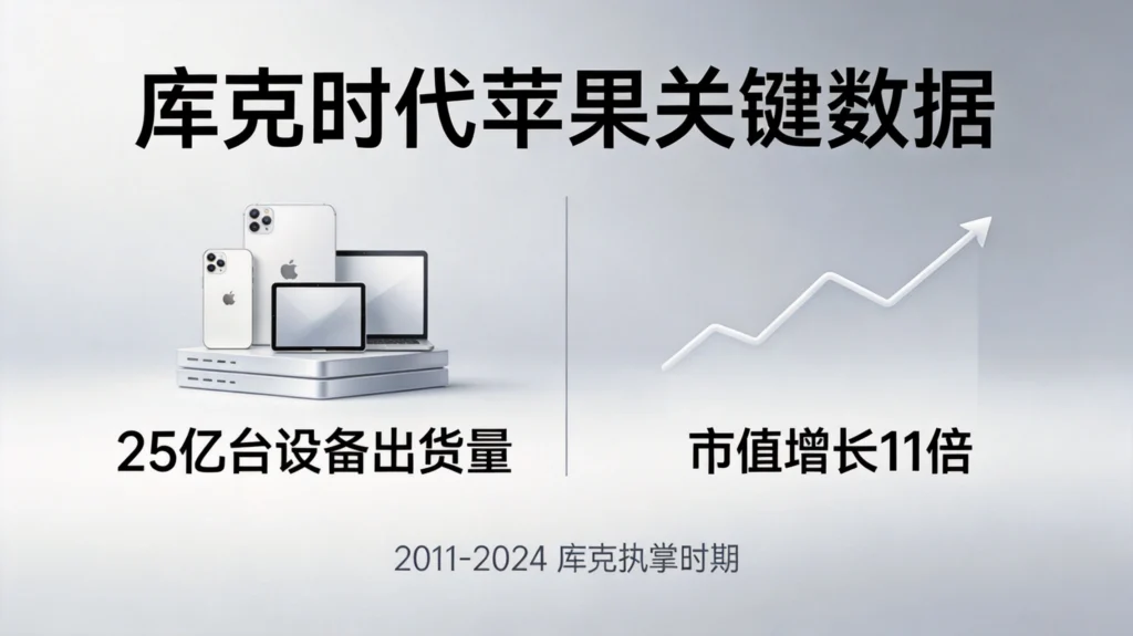 库克时代苹果关键数据信息图，市值增长11倍与25亿设备及服务收入与AI挑战示意图