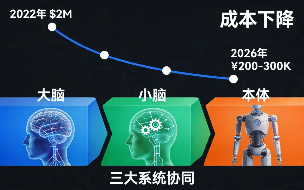展示2022-2026年成本从200万美元降至20-30万元与大脑小脑本体架构图