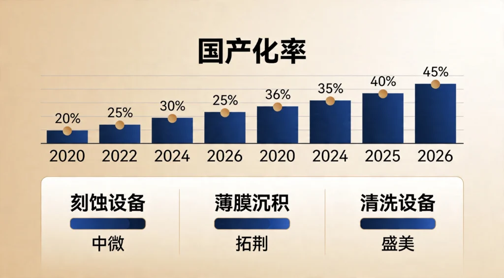 展示2020-2026年半导体设备国产化率从20%升至45%的进程图表
