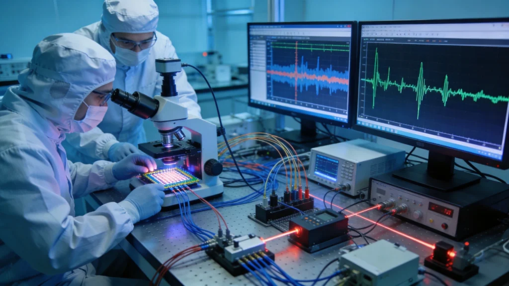 6G通信研发：科学家在光电实验室检测集成芯片频谱数据