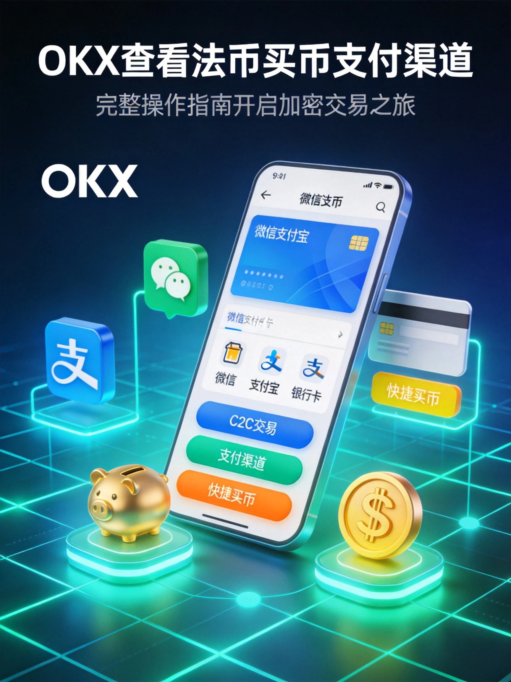 蓝绿色科技金融风格封面,展示微信支付宝银行卡支付选择界面和C2C交易图标,呈现OKX查看法币买币支付渠道的操作指南主题